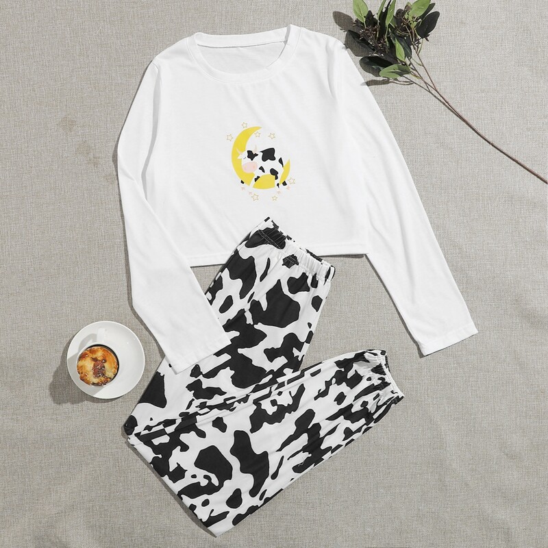 

Cow Print Tee & Pants PJ Set, Black and white