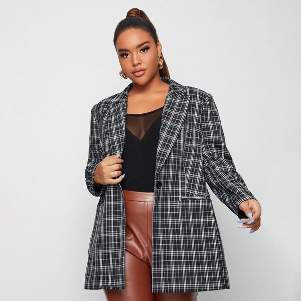 

Plus Pocket Front Tartan Blazer, Black and white