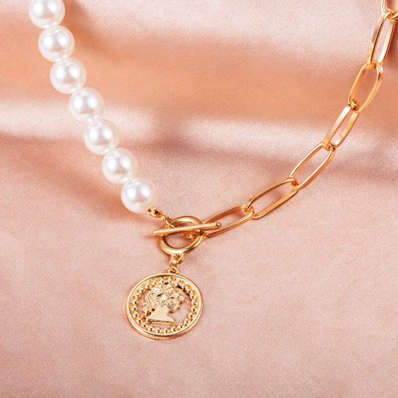 

Faux Pearl Chain Stitching Necklace, Gold