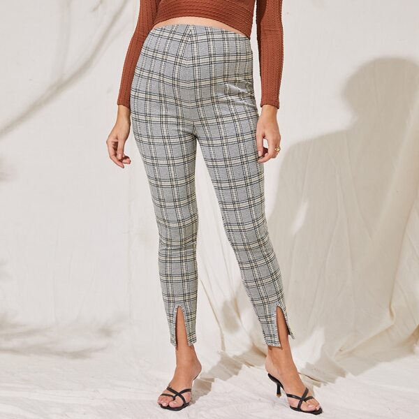 

Maternity Split Hem Taped Detail Plaid Pants, Multicolor