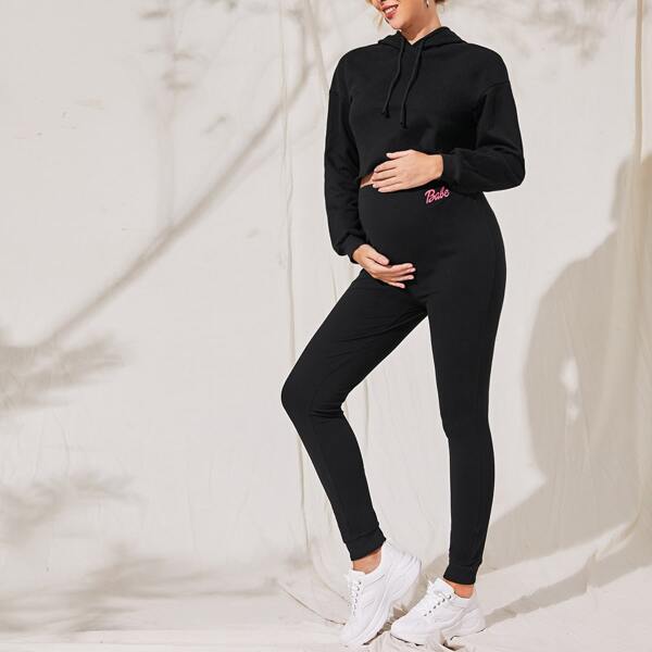 

Maternity Drop Shoulder Hoodie & Letter Graphic Sweatpants Set, Black