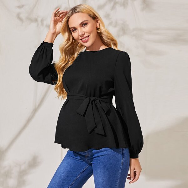 

Maternity Lantern Sleeve Belted Top, Black
