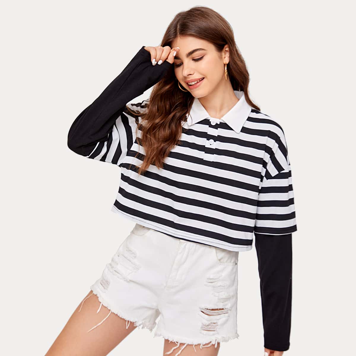 

2 In 1 Striped Crop Polo Tee, Black and white