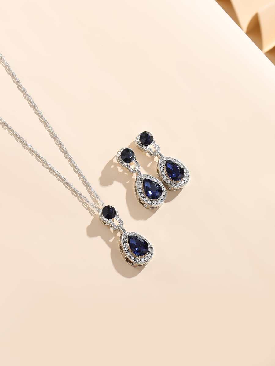 3 piezas set de joya con diamante de imitación - Azul - Ver 1