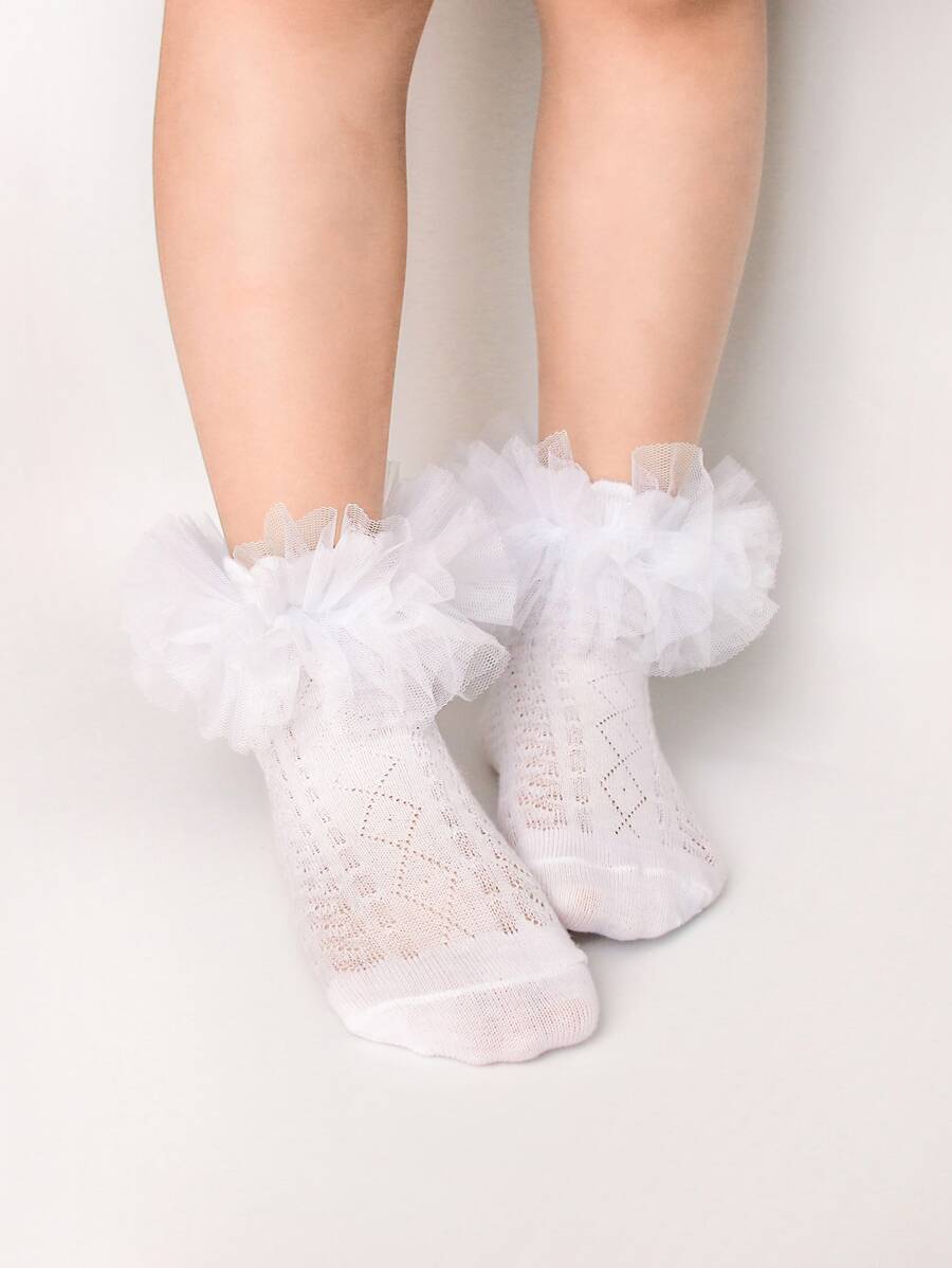 1 Cặp Vớ Ngắn Khiêu Vũ Lưới Ren Hoa Cho Bé Gái/Em Bé - Đen và trắng - Xem 1