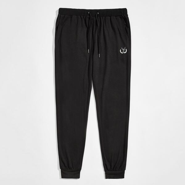

Men Drawstring Waist Embroidered Detail Sweatpants, Black
