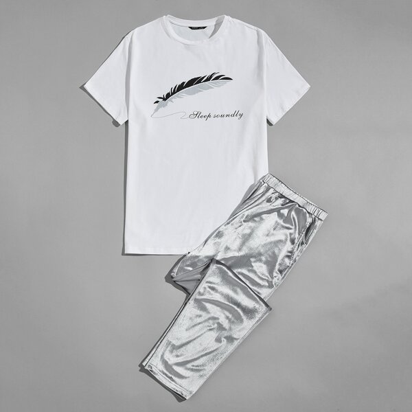 

Men Letter and Feather Print Top & Velvet Pants PJ Set, Multicolor
