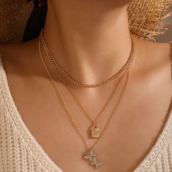 

Lock & Butterfly Decor Layered Necklace, Gold