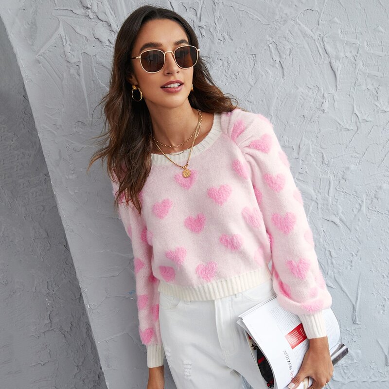 

Heart Pattern Raglan Sleeve Sweater, Baby pink