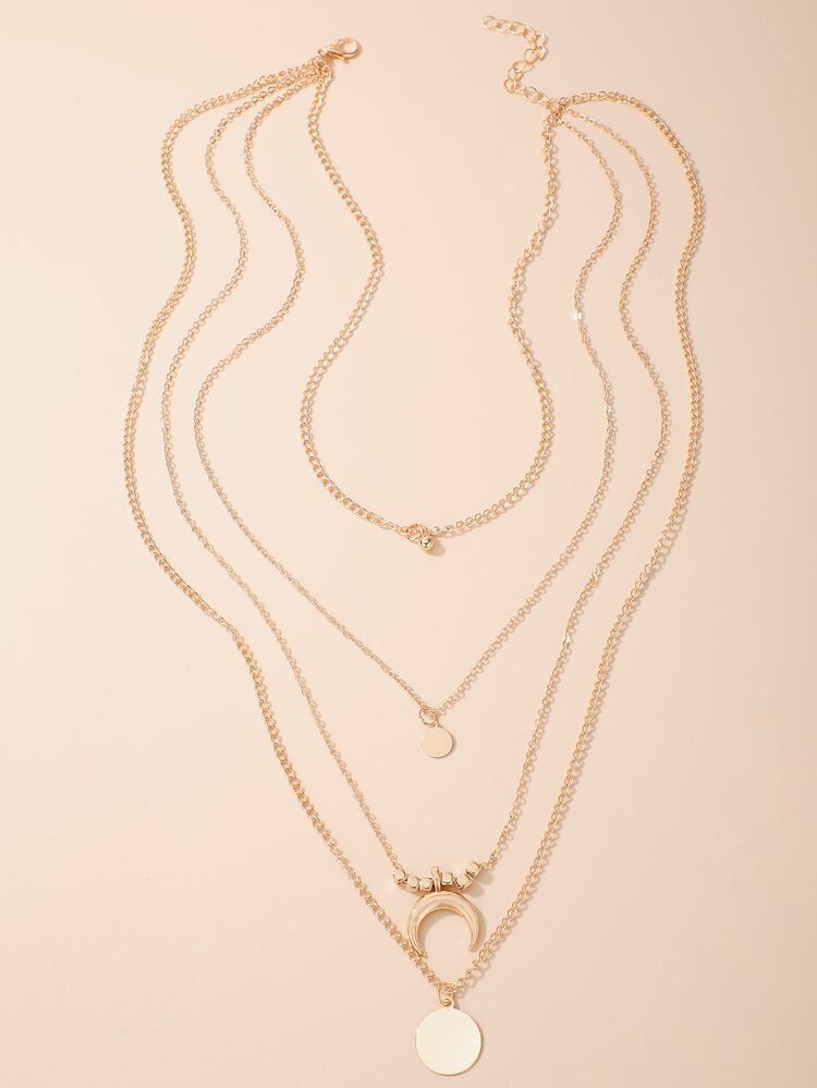 Moon & Round Pendant Layered Chain Necklace