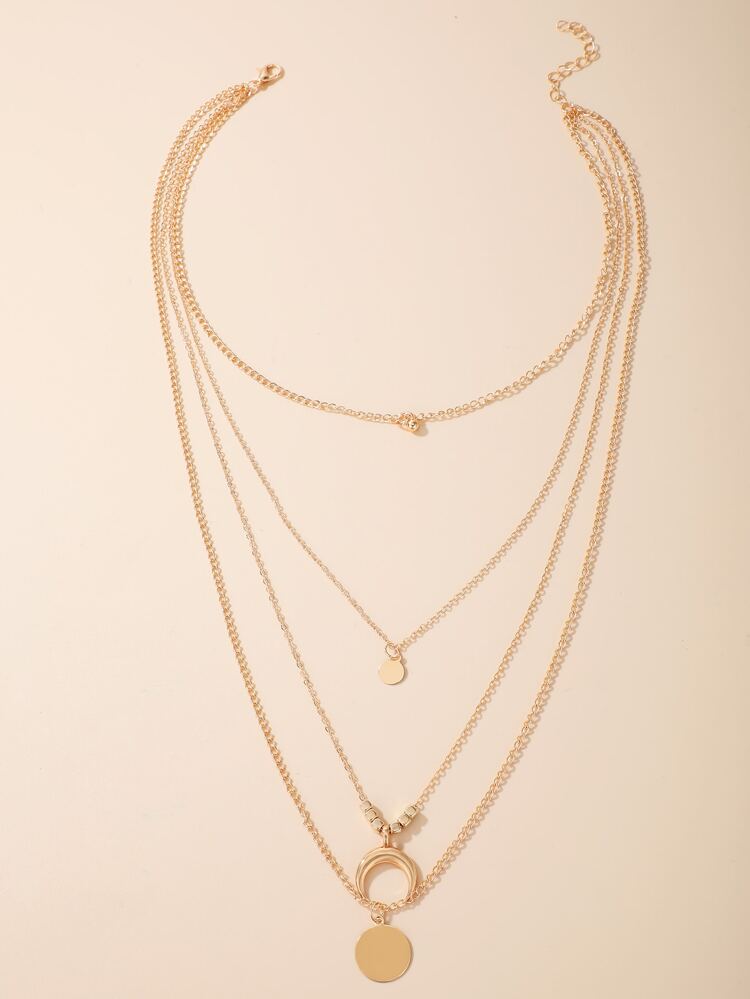 Moon & Round Pendant Layered Chain Necklace