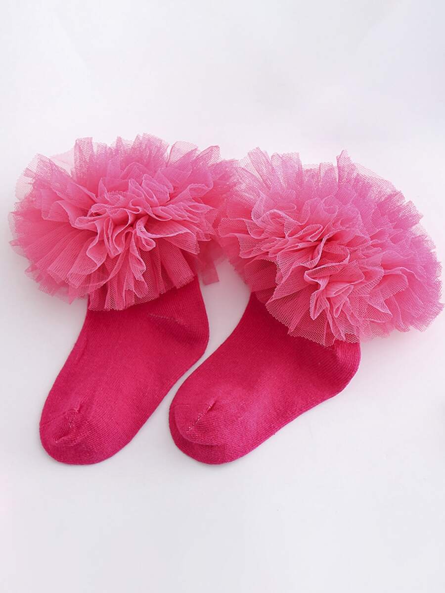 1 Par Calcetines Cortos Y Elegantes De Encaje Y Volantes En Color Sólido Para Niños Para Primavera Y Otoño - Rosa - Ver 1