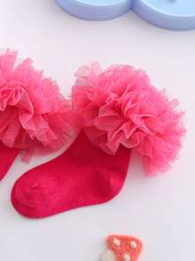 1 Par Calcetines Cortos Y Elegantes De Encaje Y Volantes En Color Sólido Para Niños Para Primavera Y Otoño - Rosa - Ver 3