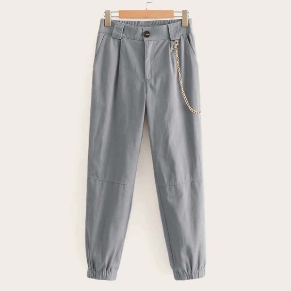 

Chain Detail Solid Carrot Pants, Grey
