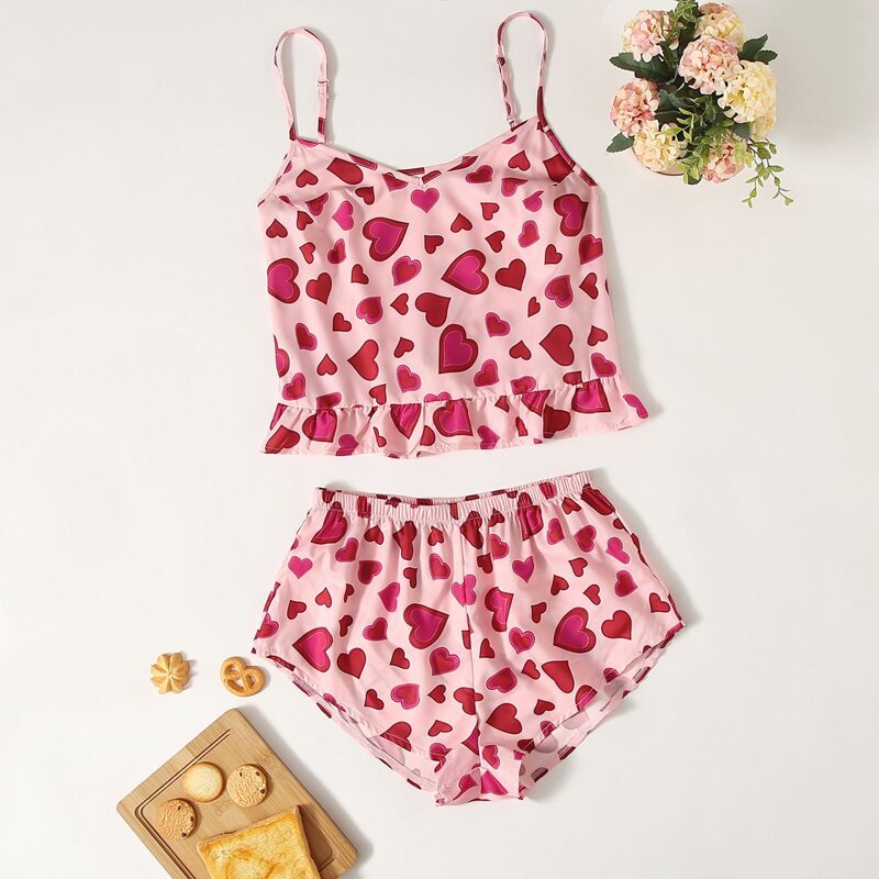 

Allover Heart Print Ruffle Hem Cami PJ Set, Multicolor