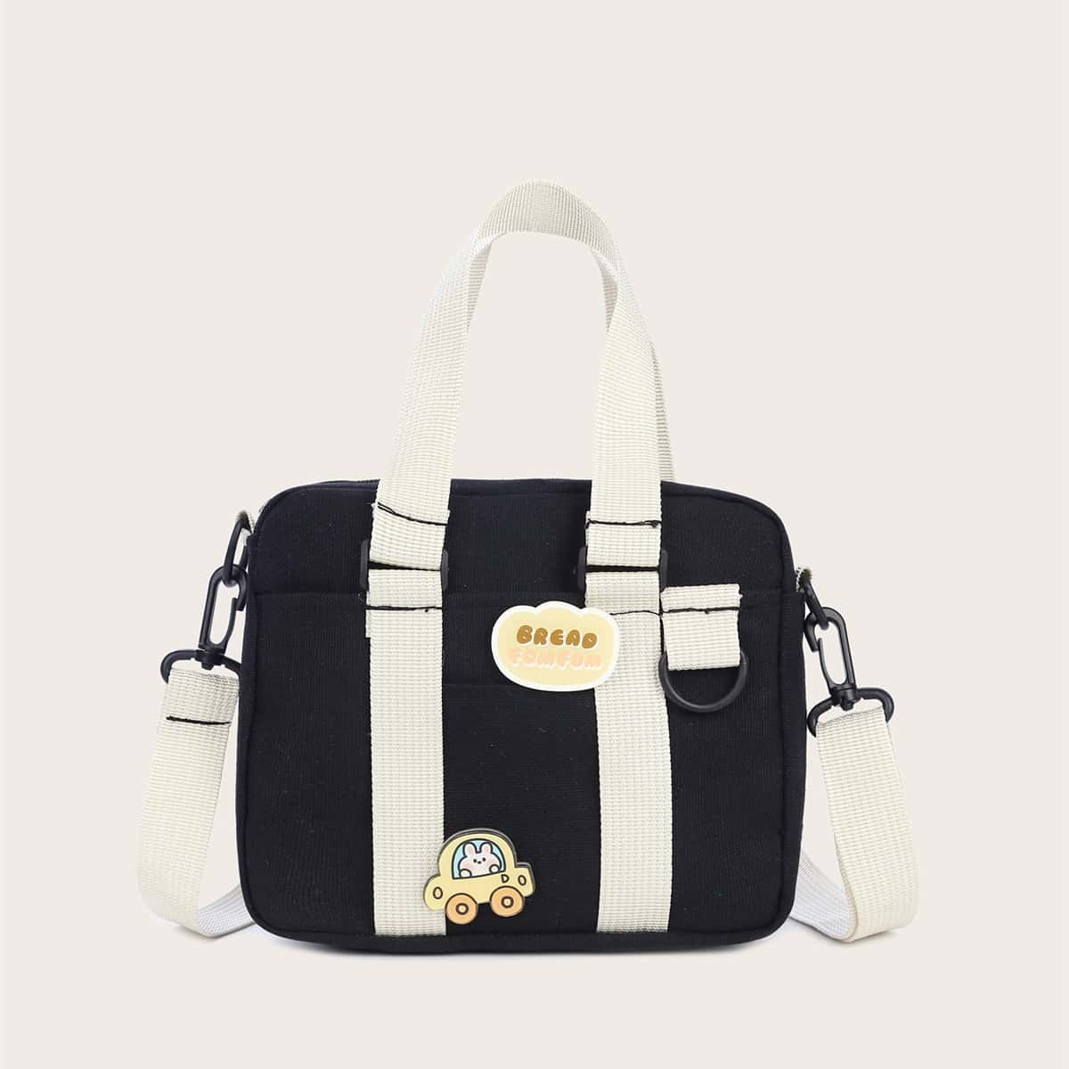 

Cartoon Decor Canvas Satchel Bag, Black