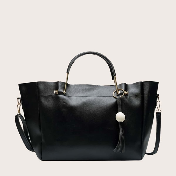 

Tassel Charm Large Capacity Satchel Bag With Pouch, Black