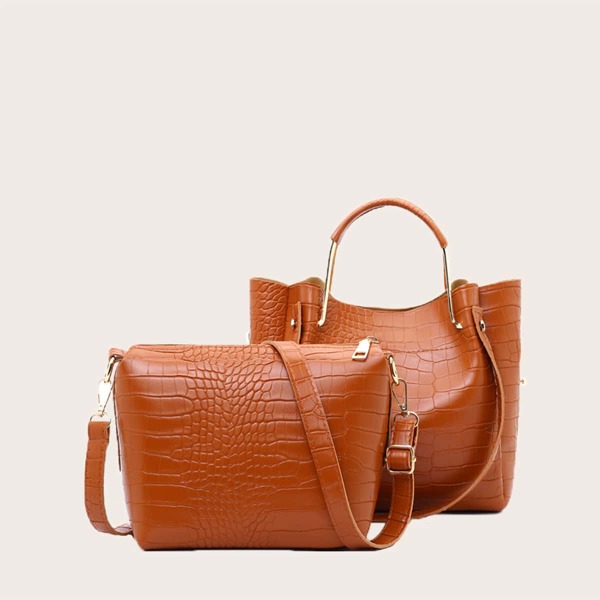 

Croc Embossed Satchel Bag With Crossbody Bag, Brown