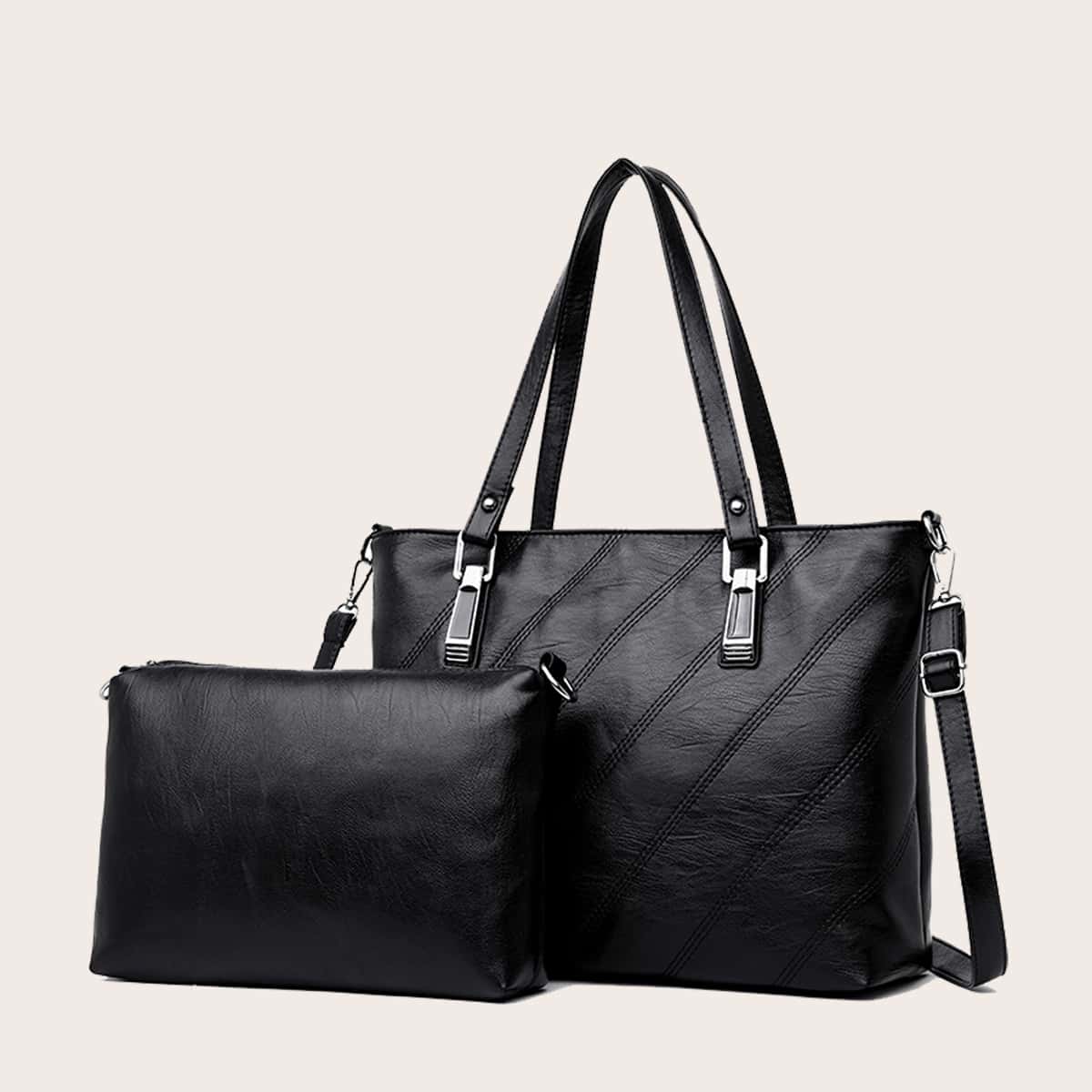 

Stitch Detail Tote Bag With Pouch, Black