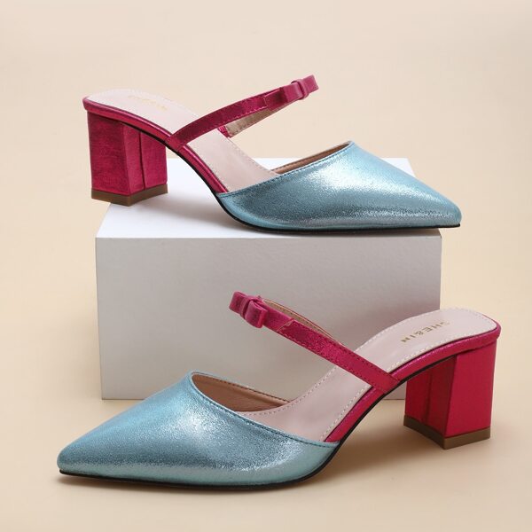

Point Toe Two Tone Chunky Heeled Mules, Blue