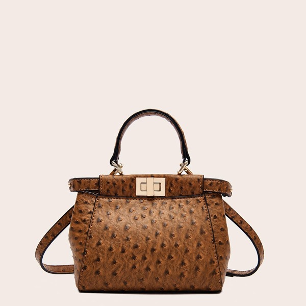 

Ostrich Pattern Turn-Lock Satchel Bag, Camel