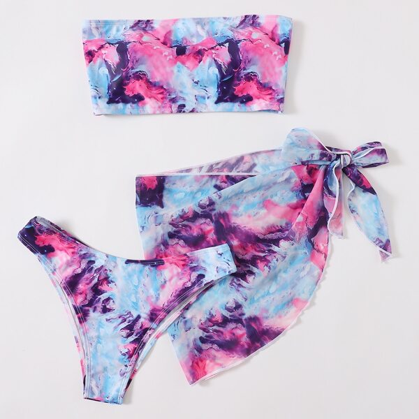

3pack Abstract Fluid Pattern Bandeau Bikini Swimsuit, Multicolor