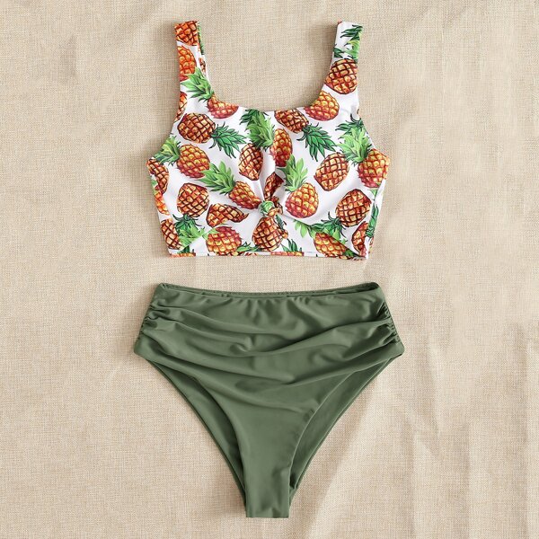 

Pineapple Print Knot Hem Ruched Bikini Swimsuit, Multicolor