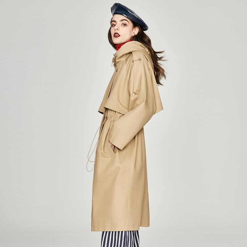 

Jazzevar Drawstring Waist Hooded Trench Coat Without Bag, Khaki