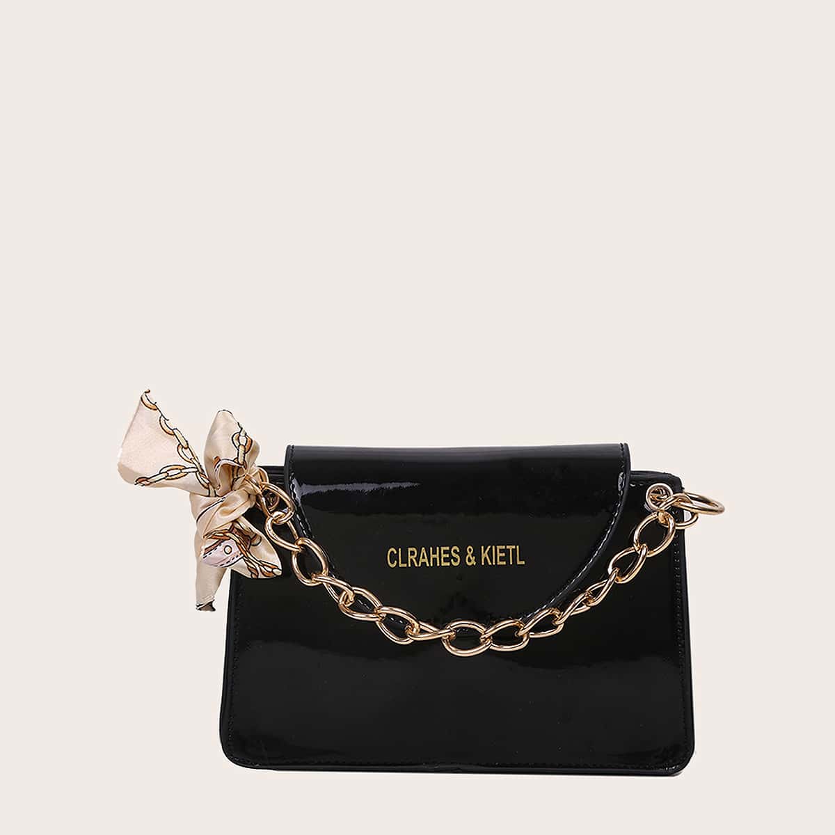 

Bow Knot Decor Patent Chain Bag, Black