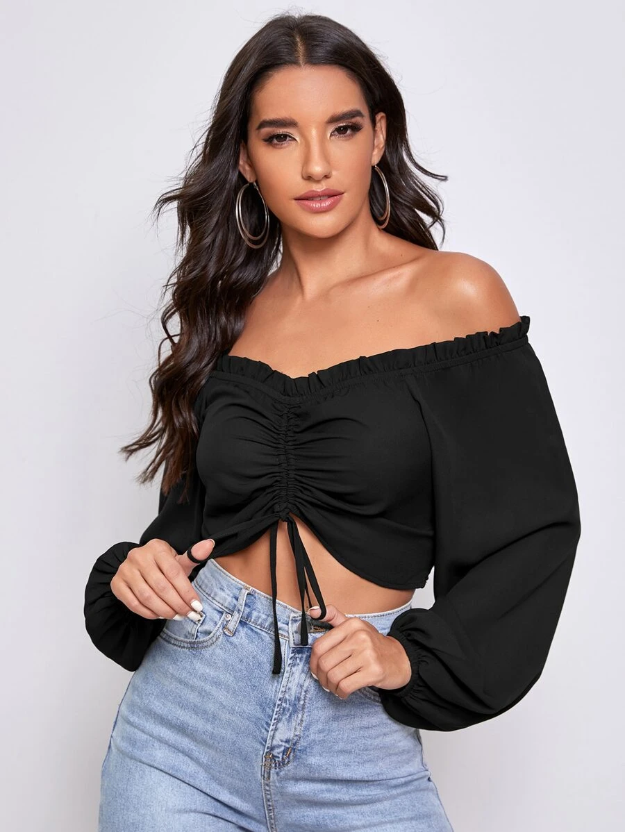 SHEIN Áo sơ mi Thắt nút màu trơn Boho - màu đen - Xem 1
