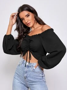 SHEIN Áo sơ mi Thắt nút màu trơn Boho - màu đen - Xem 3