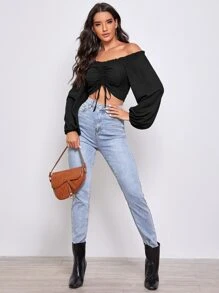 SHEIN Áo sơ mi Thắt nút màu trơn Boho - màu đen - Xem 4