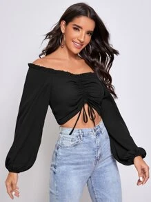 SHEIN Áo sơ mi Thắt nút màu trơn Boho - màu đen - Xem 5