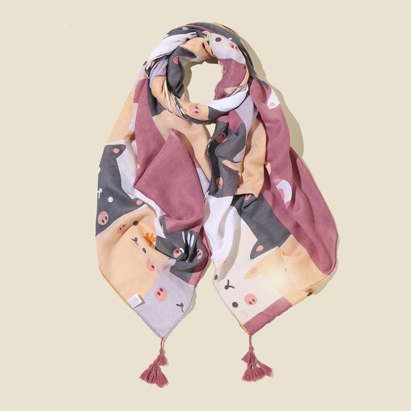 

1pc Tassel Detail Cartoon Graphic Scarf, Multicolor