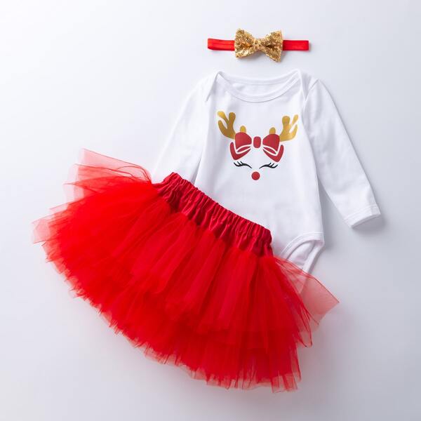 

Baby Girl Christmas Print Bodysuit & Mesh Skirt & Headband, Red and white