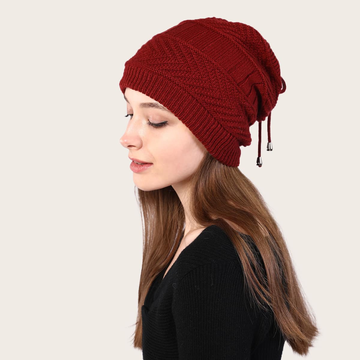 

Dual-purpose Drawstring Detail Knit Hat, Burgundy