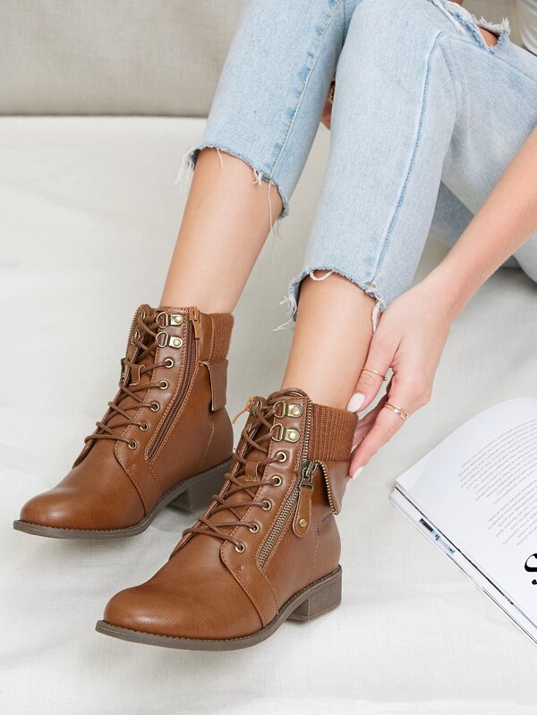 knit collar lace up boots