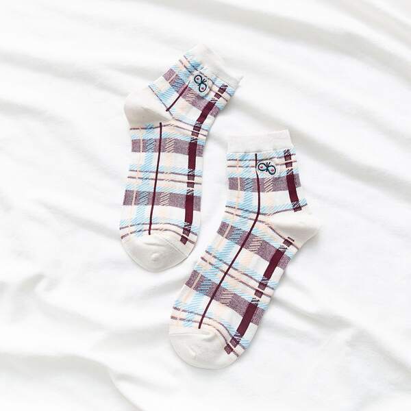 

1pair Embroidery Detail Plaid Socks, Multicolor
