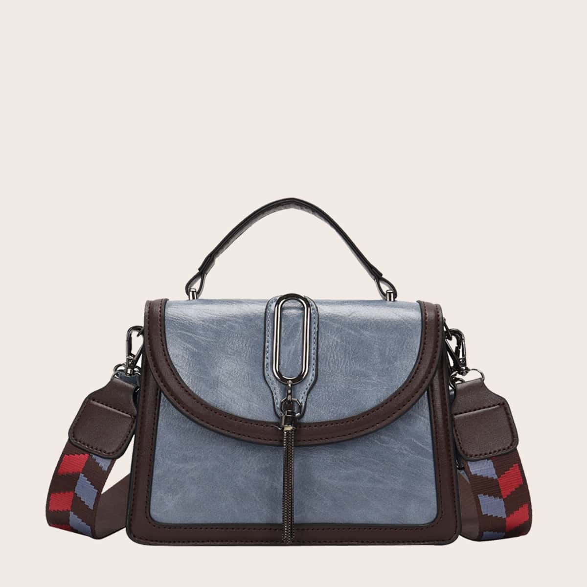 

Metal Tassel Decor Flap Satchel Bag, Blue