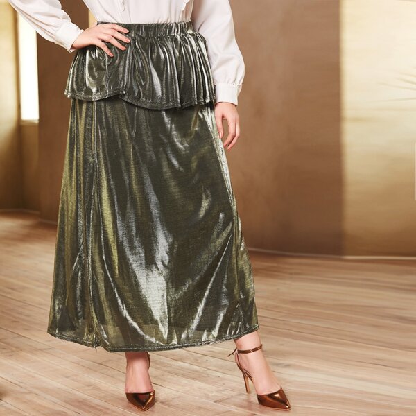 

Plus Ruffle Elastic Waist Glitter A Line Skirt, Army green