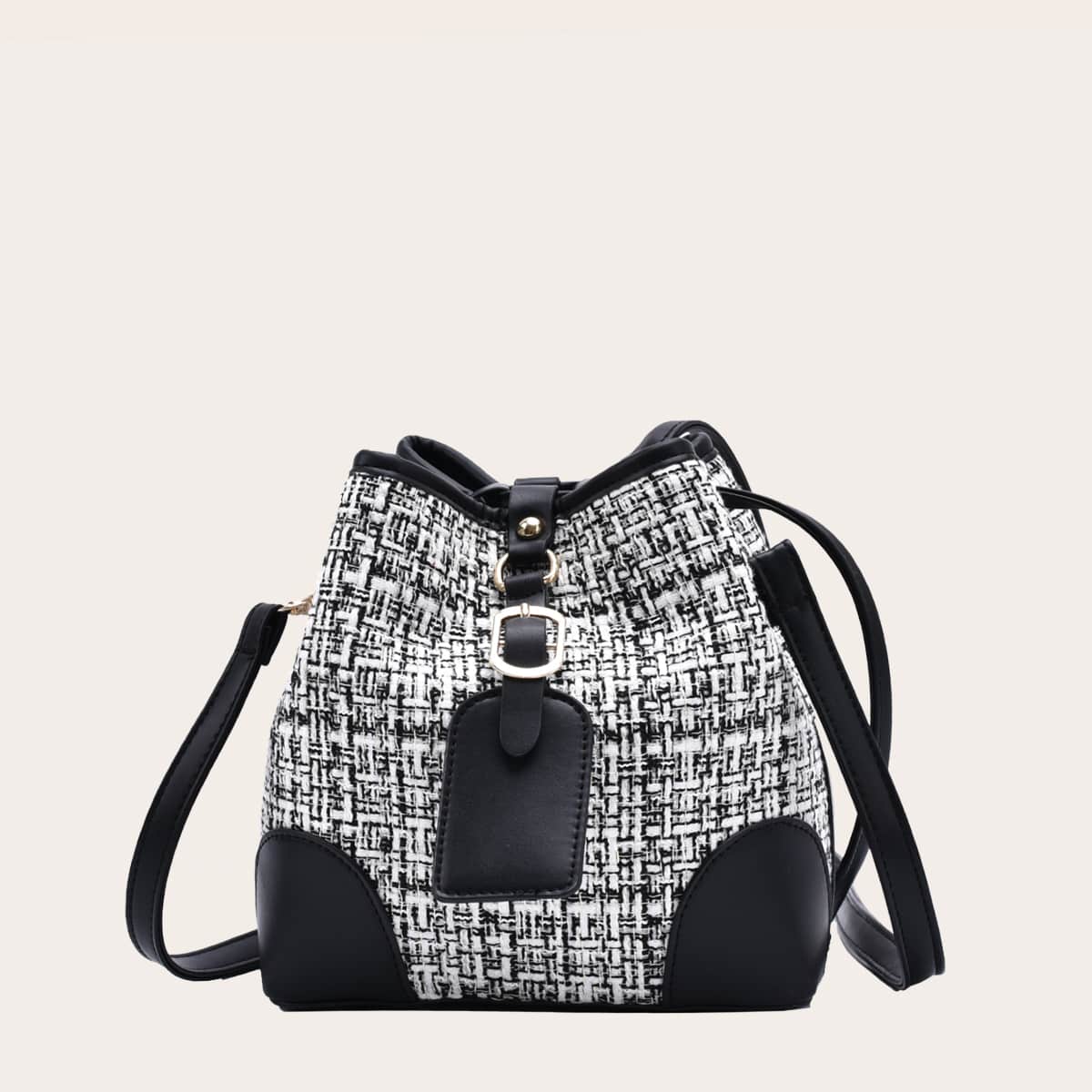 

Buckle Decor Tweed Bucket Bag, Black