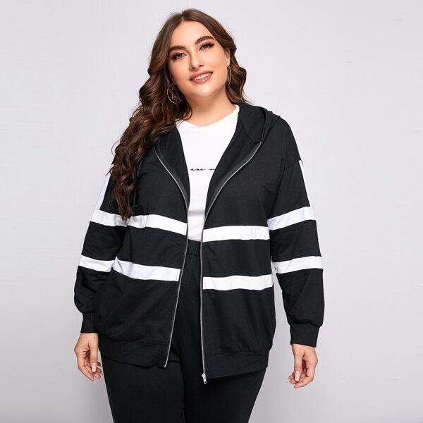 

Plus Drop Shoulder Striped Zipper Up Sweatshirt, Black