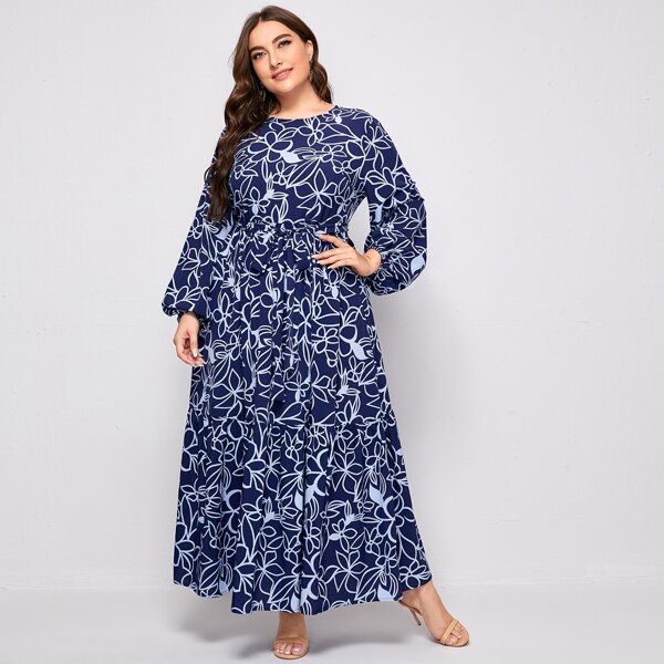 

Plus Floral Print Belted Lantern Sleeve Maxi Dress, Blue