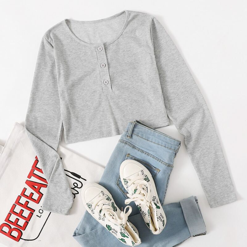 

Solid Button Crop Tee, Light grey