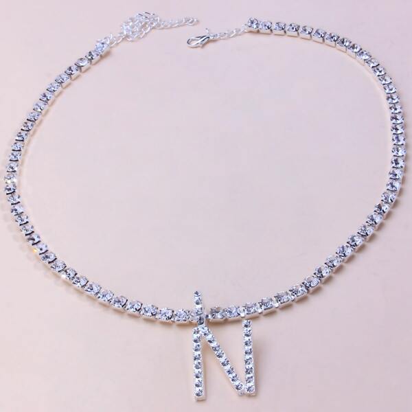 

Rhinestone Letter Charm Necklace, Silver