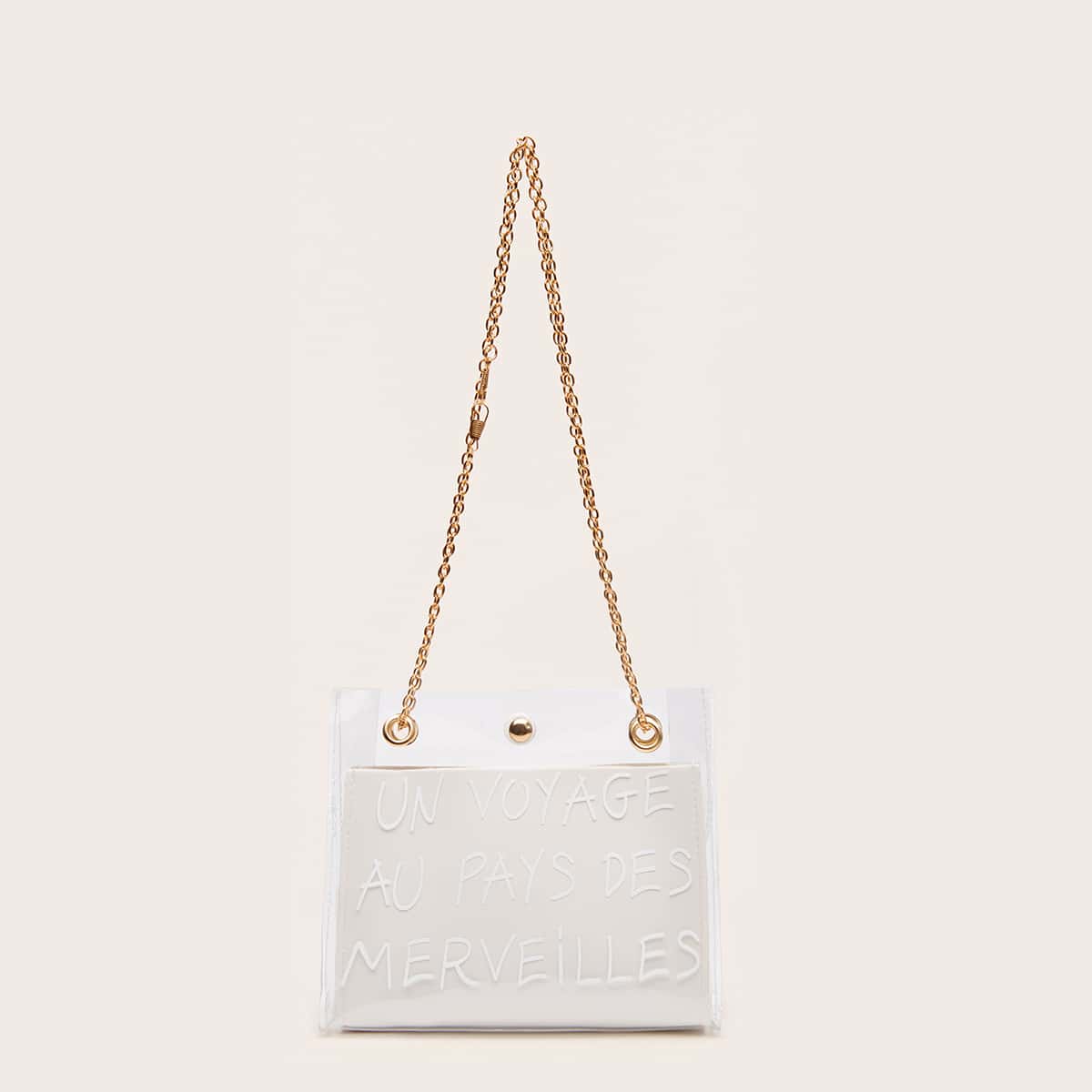 

2 In 1 French Letter Graphic Chain Bag, White