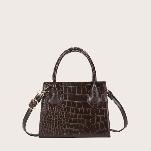 

Croc Embossed Satchel Bag, Brown