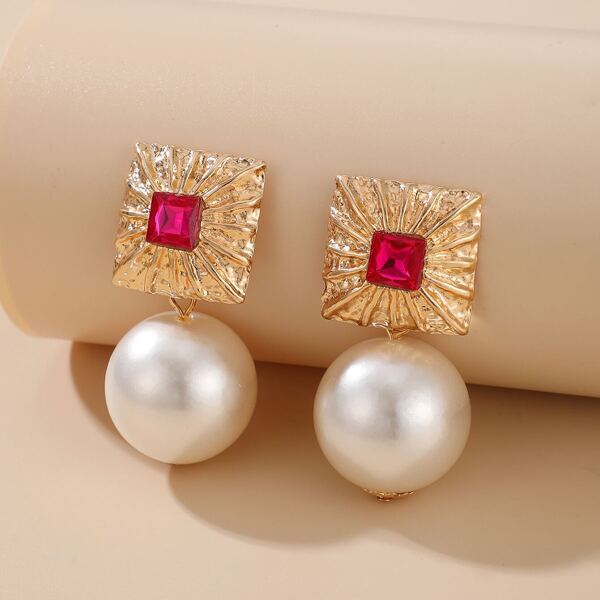 

Gemstone Decor Faux Pearl Drop Earrings, Gold