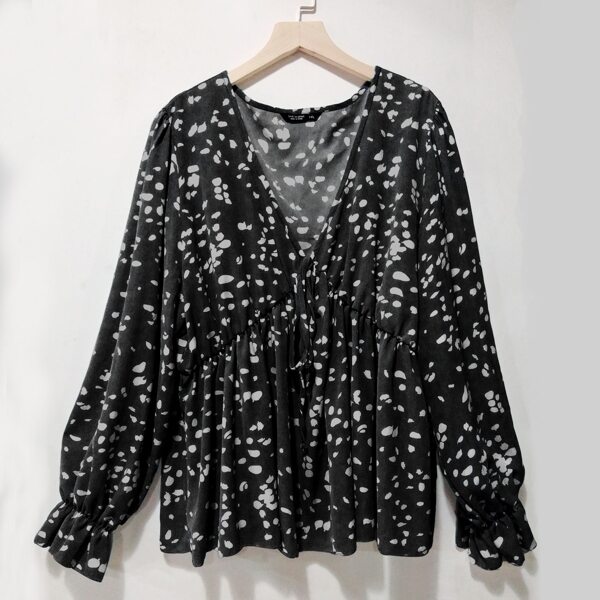 

Plus Allover Print Flounce Sleeve Peplum Blouse, Black