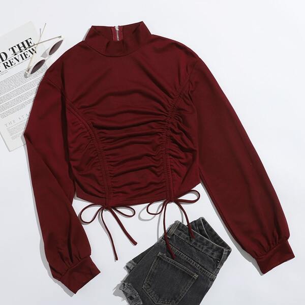 

Mock-Neck Drawstring Ruched Front Zip Back Top, Maroon